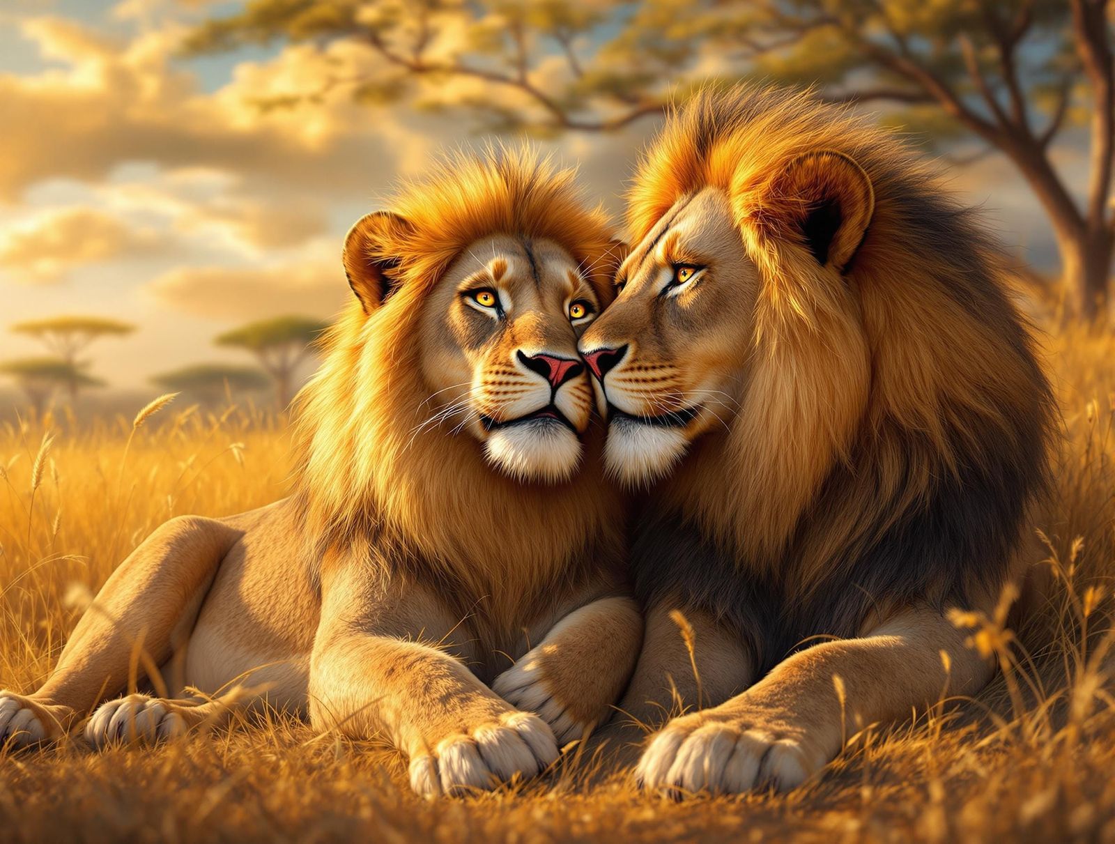 Affectionate Lions in Hyperrealistic Digital Painting