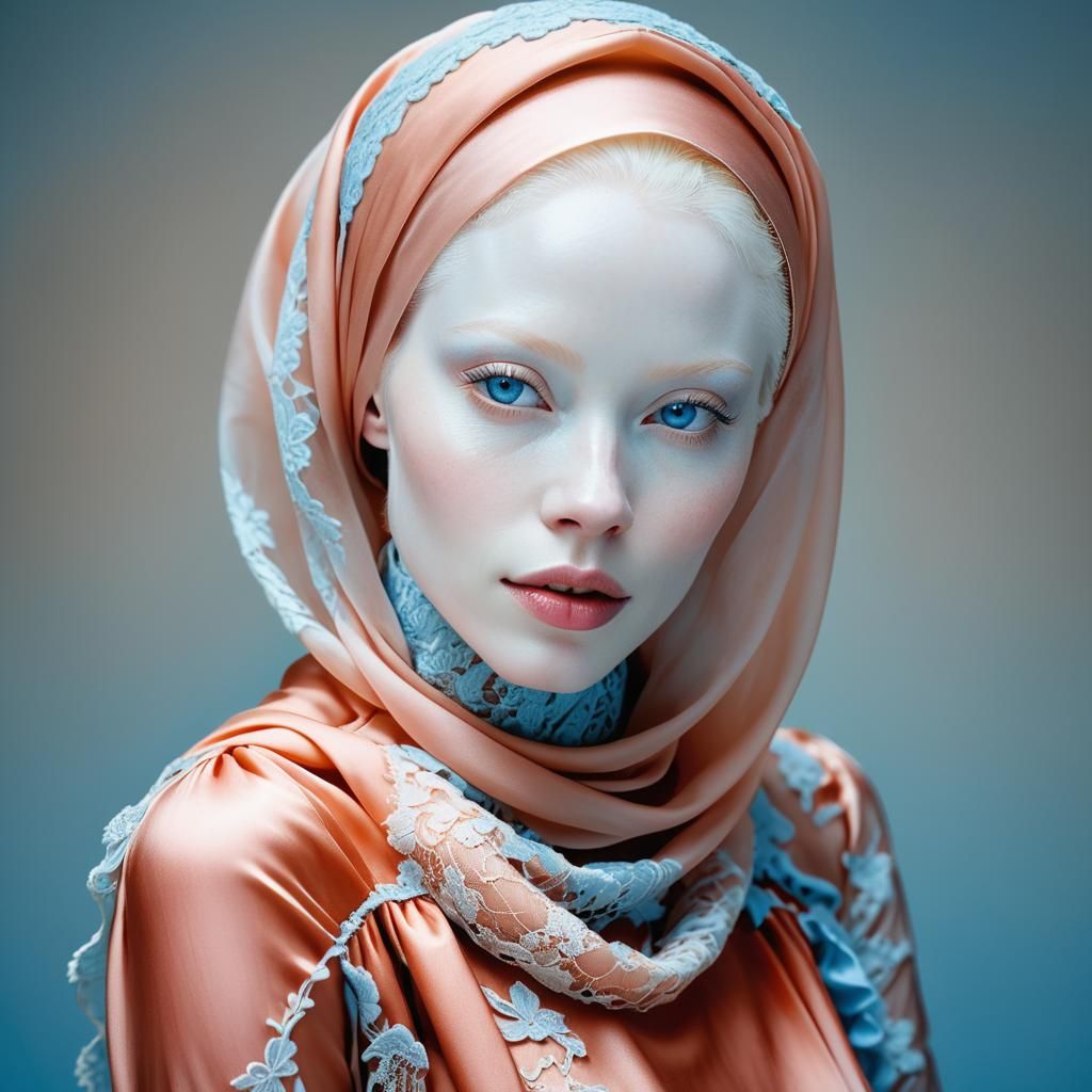 Albino Woman Portrait with Blue Lace in Studio Lighting