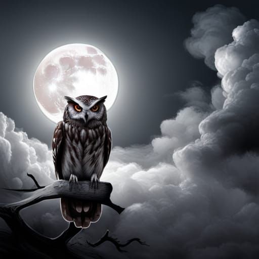 Red-Eyed Owl on Branch Under Full Moon