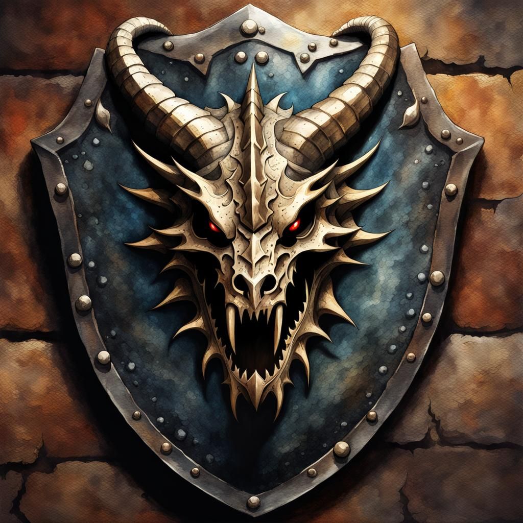 Dragonskull Shield for Warhammer RPG, Watercolor