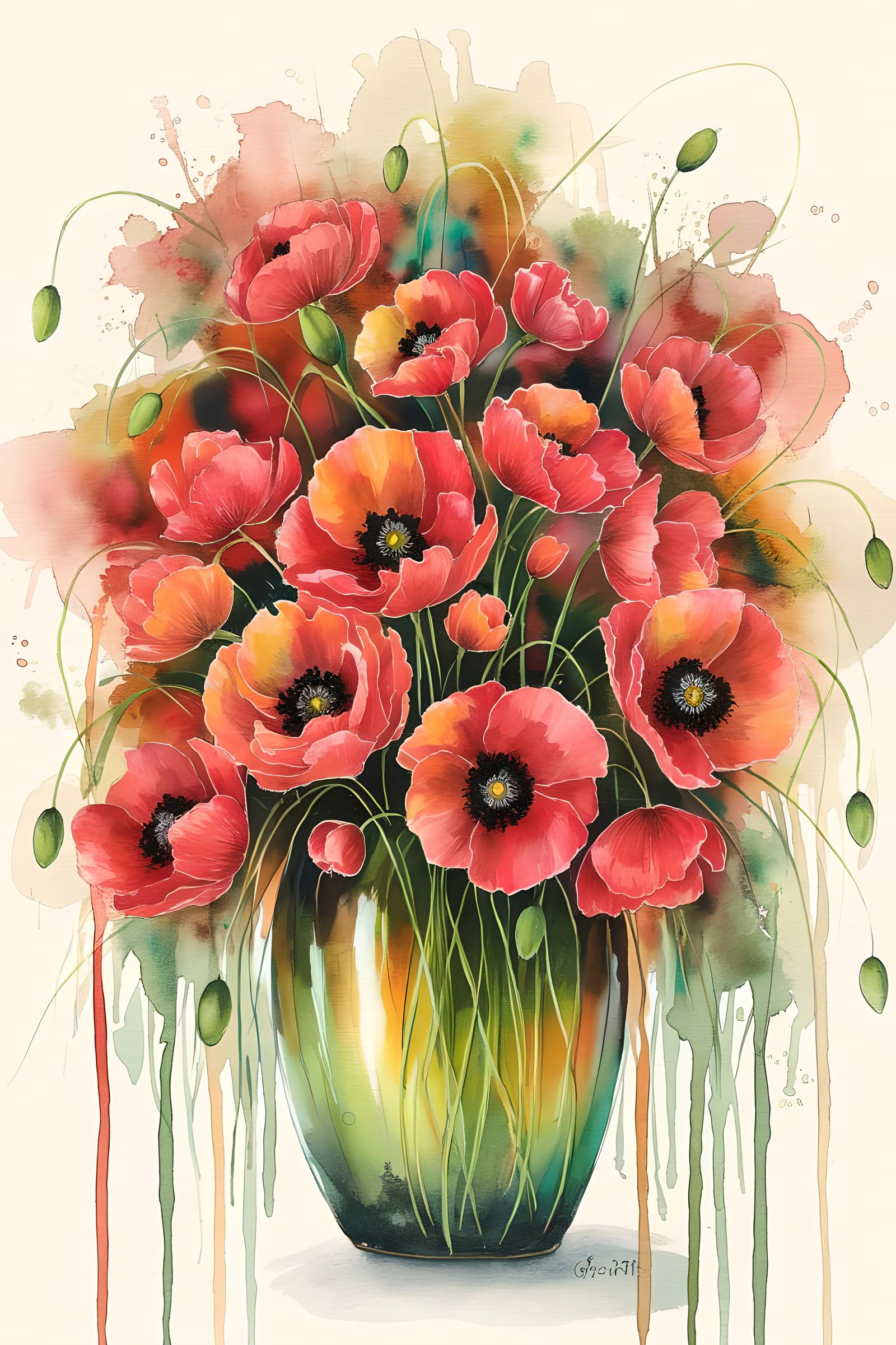 Lush Red Poppies in Watercolor Garden Painting