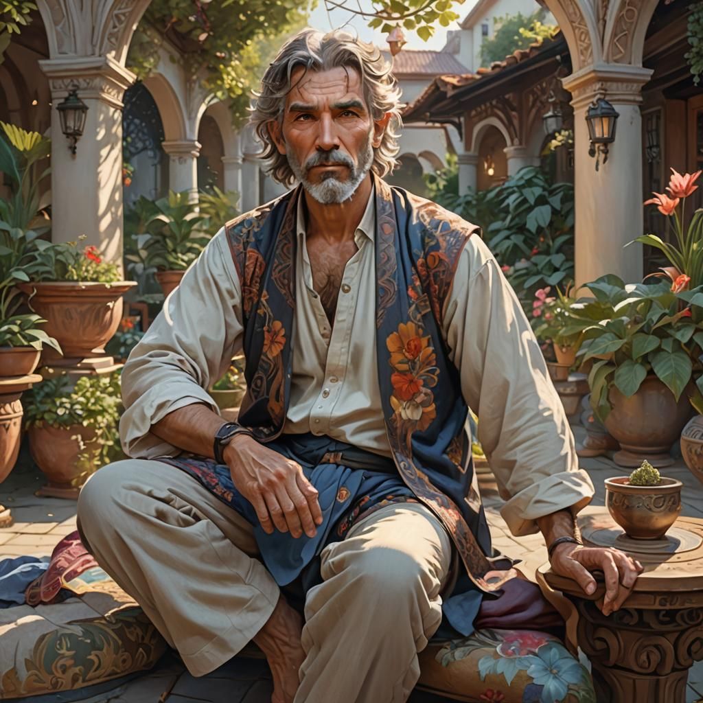 Man on Patio: Hyperdetailed Art by Rutkowski, Mucha