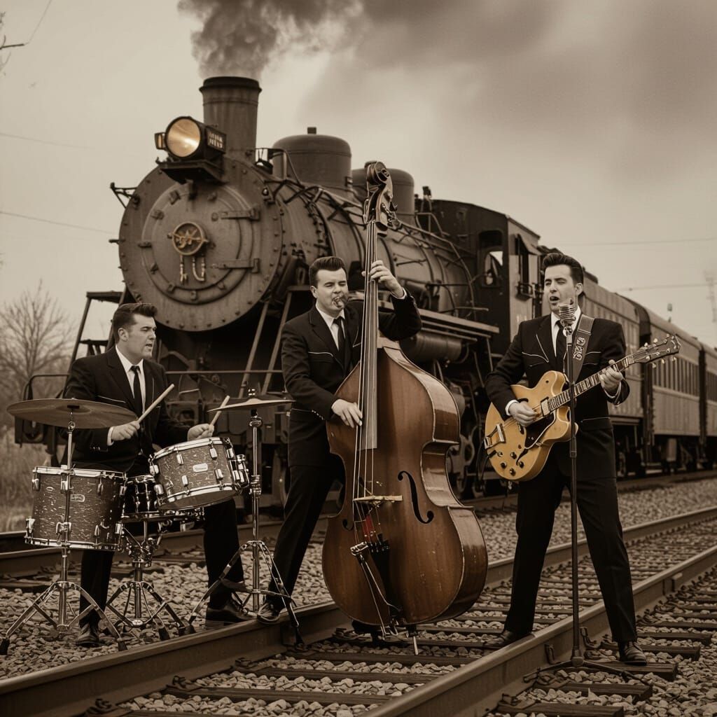 Vintage Rockabilly Band on Railroad Tracks