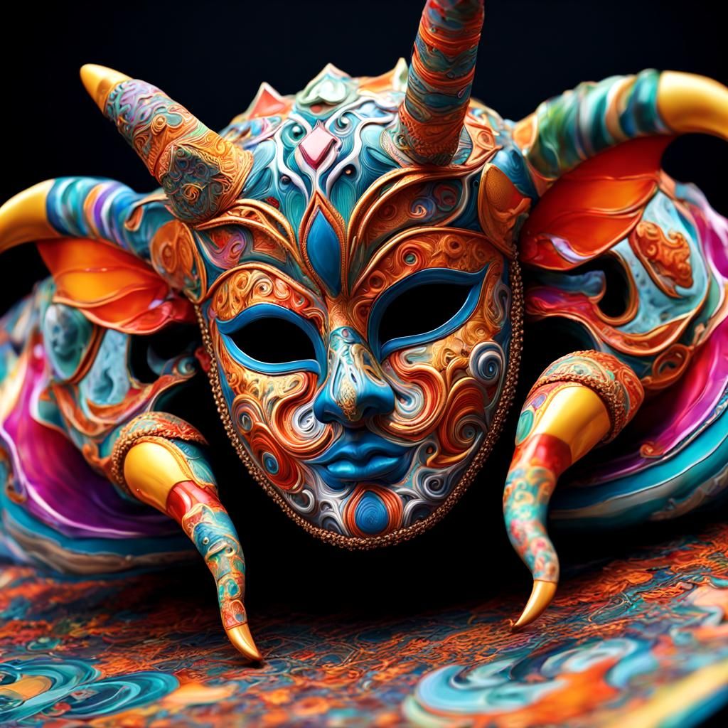 Psychedelic Venetian Mask with Horns in Porcelain