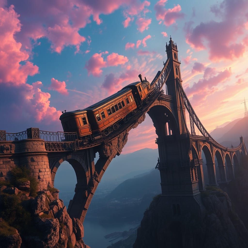 Ancient Train Plummets from Gothic Bridge into Vibrant Sky
