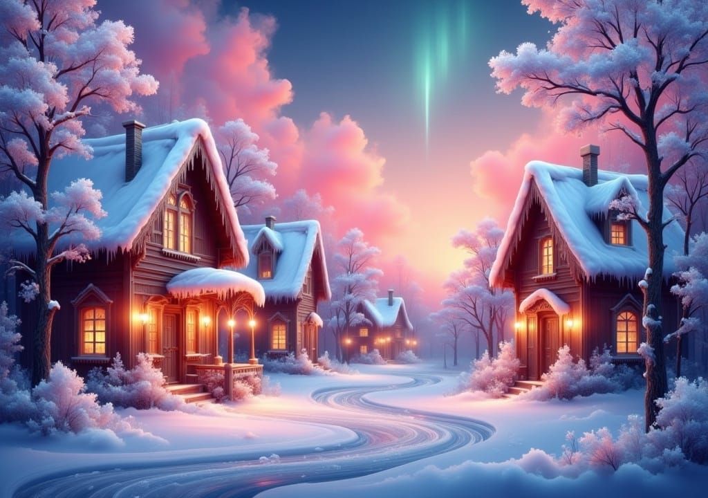 Enchanted Winter Village with Pink Aurora Lights