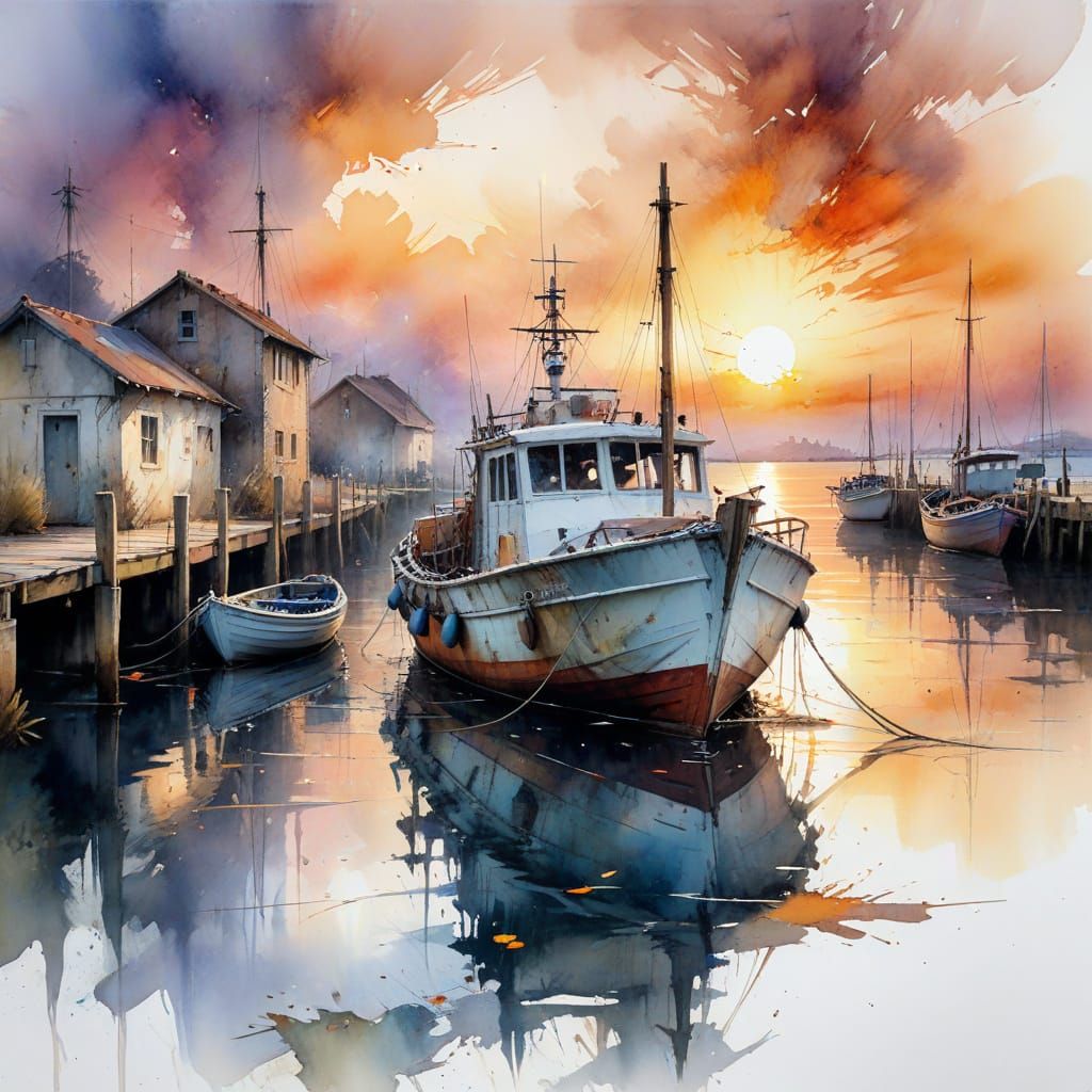 Sunset Dock: Watercolour Painting in Haenraets Style