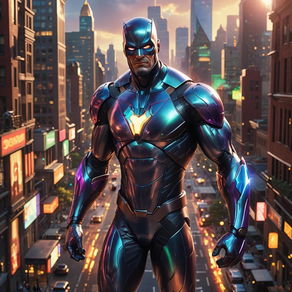 Superhero Concept Art in Metallic Iridescent Suit