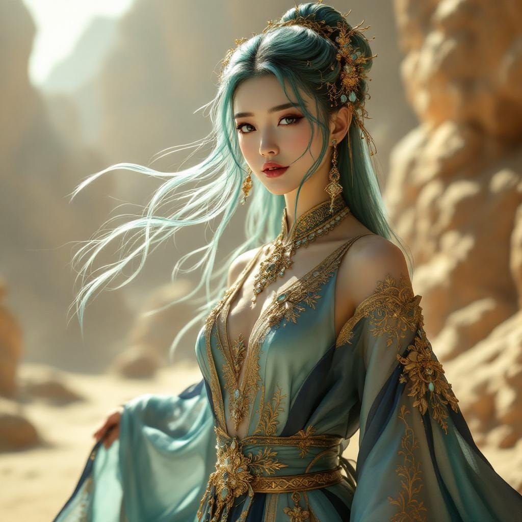 Fantasy Princess with Sea-Green Hair in Anime Style