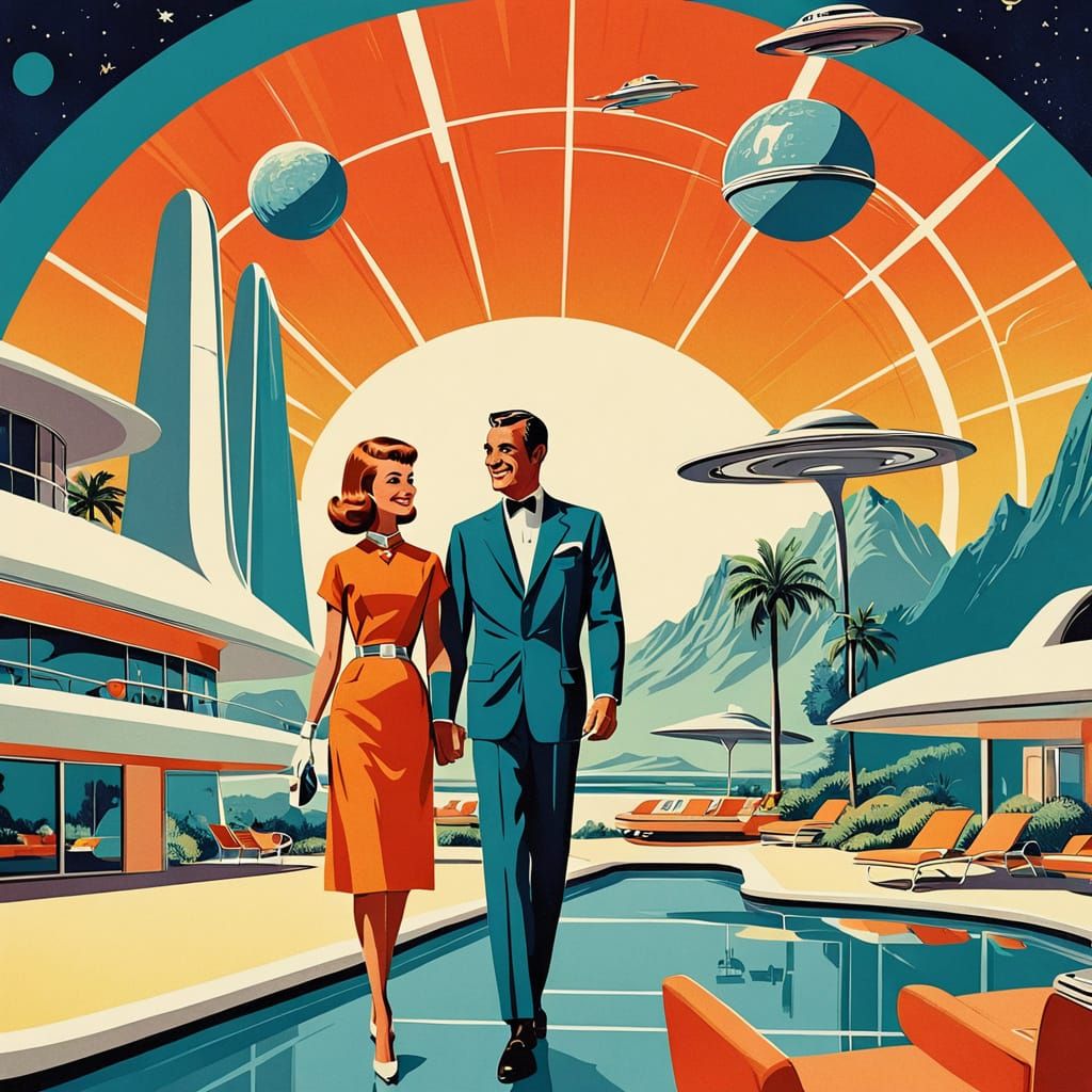 Retro Space Resort Ad in 1960s Style