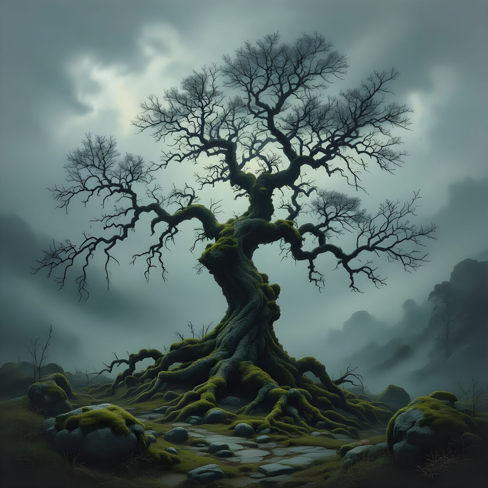 Ancient Tree in Stormy Sky Oil Painting