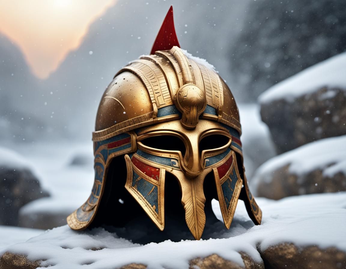 Egyptian Warrior Helmet on Snowy Terrain, Digital Art