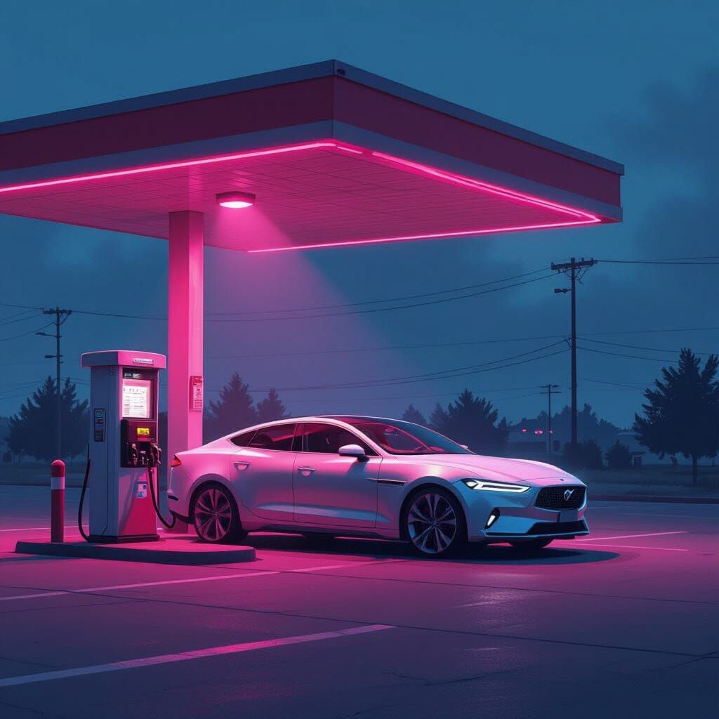 Sleek Car in Neon Noir Gas Station at Night