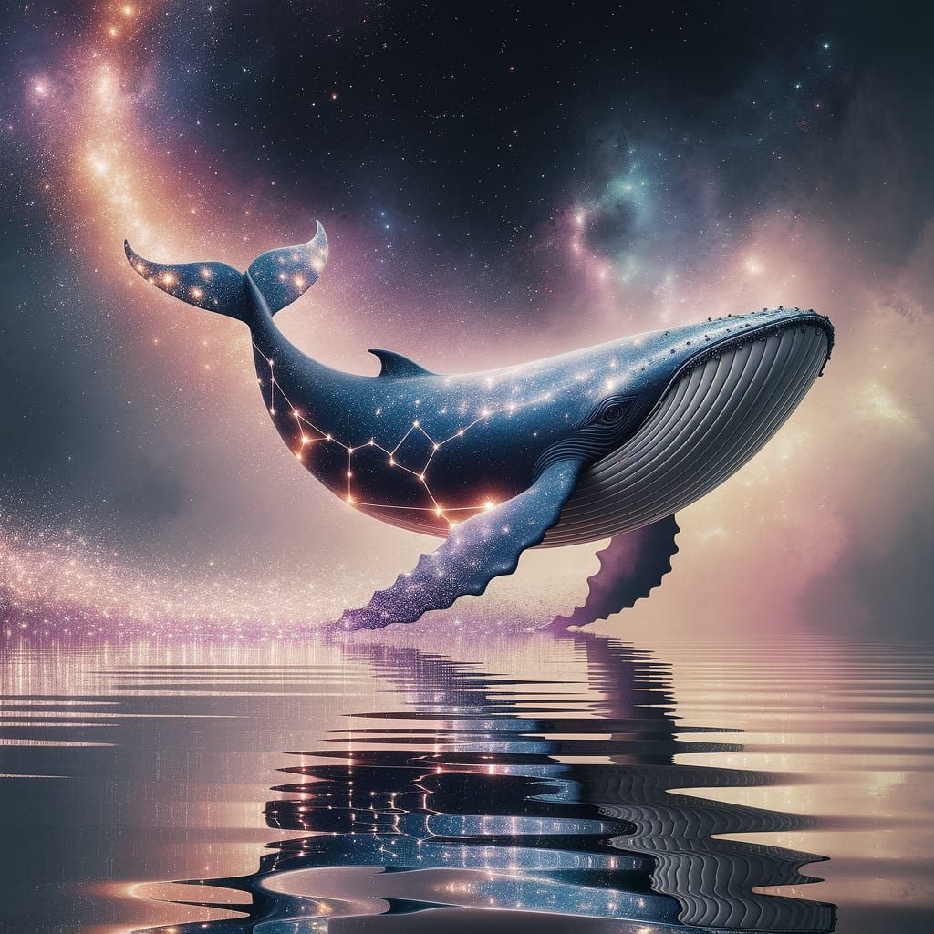 Celestial Whale Glides Through Starlit Ocean in Dreamy Water...