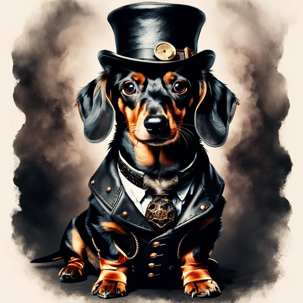 Steampunk Dachshund in Leather Vest with Grim Face and Menac...
