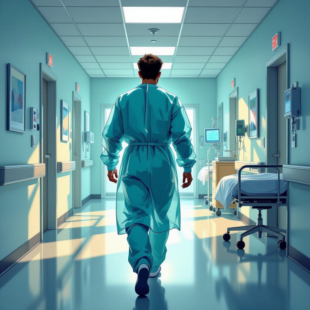 Doctor in Transparent Gown Walks Hospital Ward in Comic Styl...