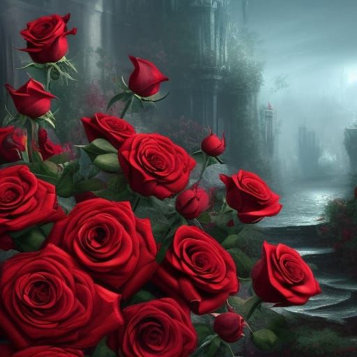 Bouquet of Red Roses in Detailed Matte Painting