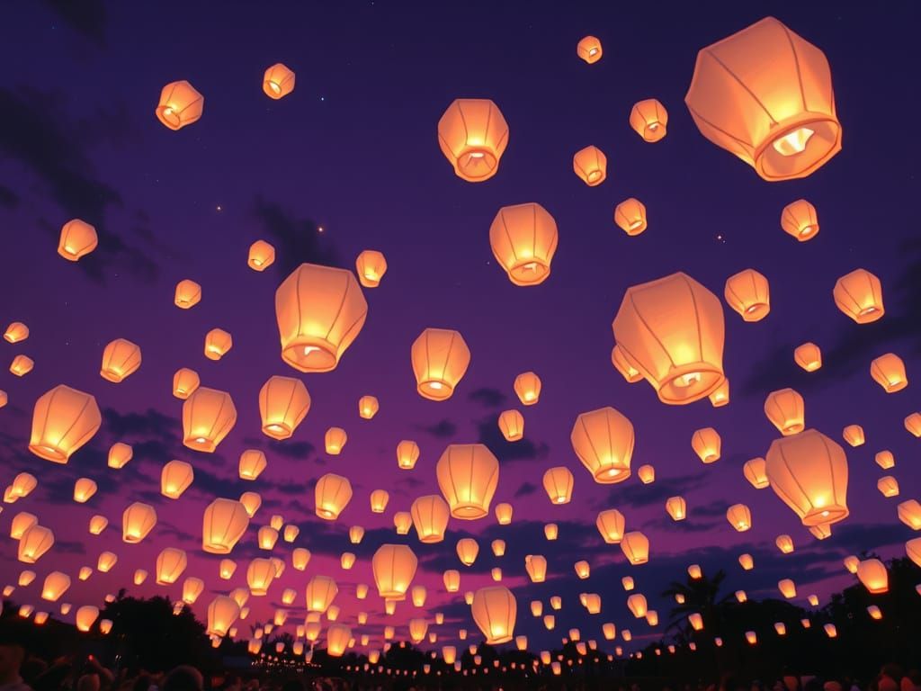 Dreamy Floating Lanterns in Vibrant Purple Skies