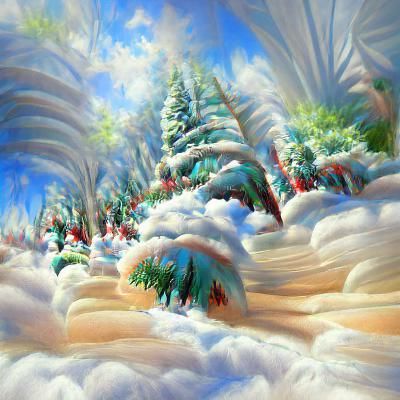 Christmas Forest Painting with Snowfall and Sunshine