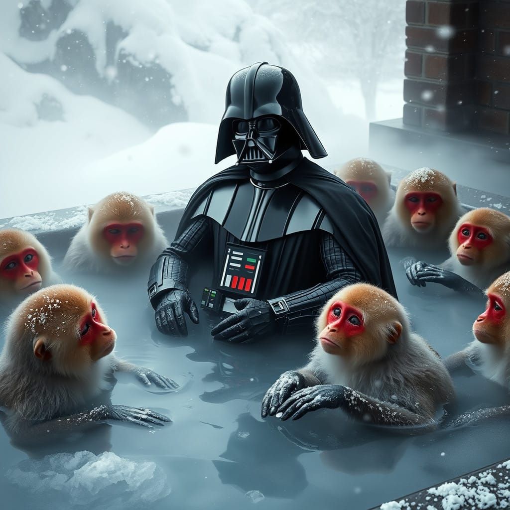 Serene Winter Scene with Darth Vader and Japanese Snow Monke...