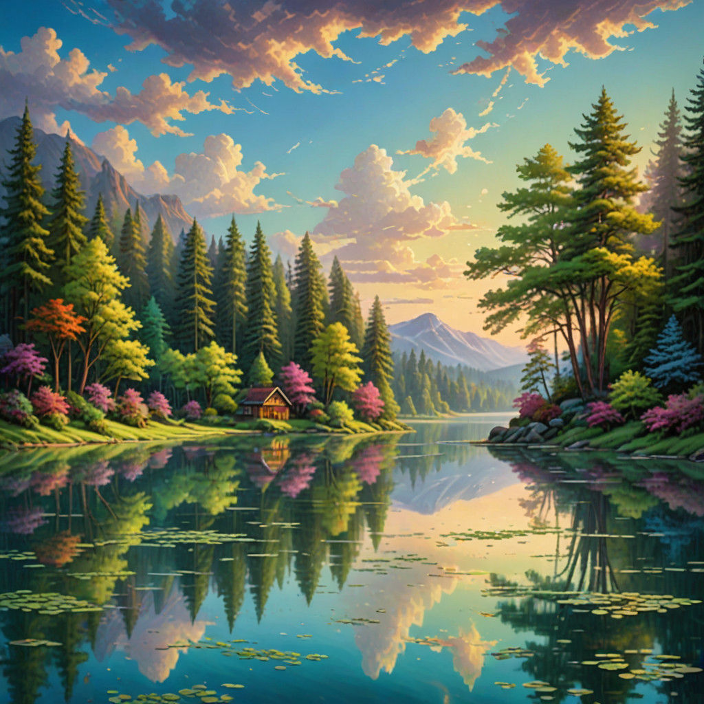 Whimsical Fantasy Landscape with Serene Lake and Vibrant Tre...