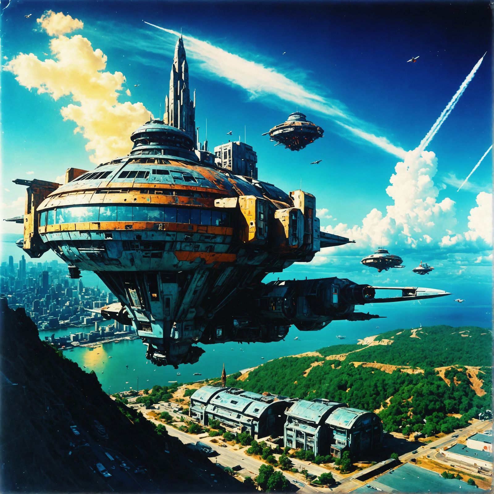 Mecha Spaceships Over Decaying Sci-Fi City