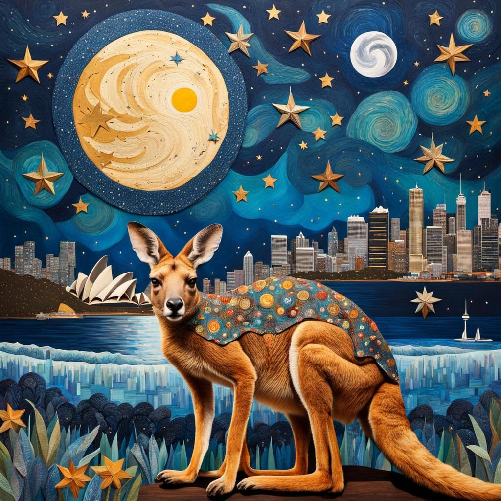 Imaginative Starry Night Collage with Kangaroo