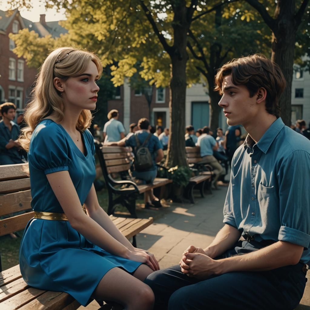 Crossdressing Boy in Blue Dress on Bench, Cinematic Film Sti...