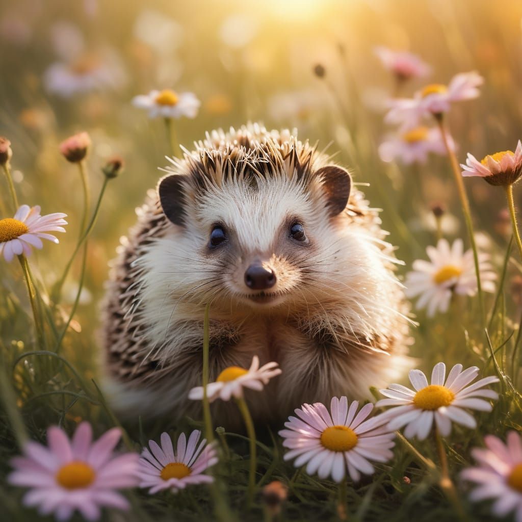 Vibrant Summer Meadow with Gazing Hedgehog