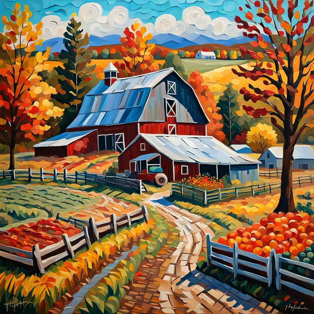 Autumn Farm in Impasto Style