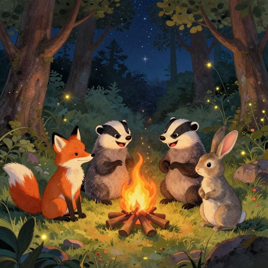 Woodland Creatures Share Stories by Campfire