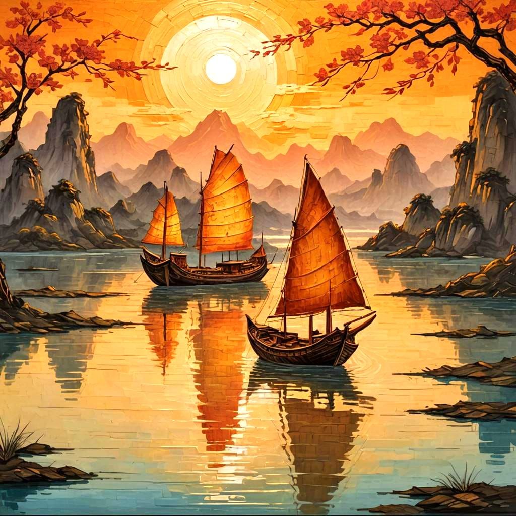 Chinese Junk at Sunset in Impasto Style