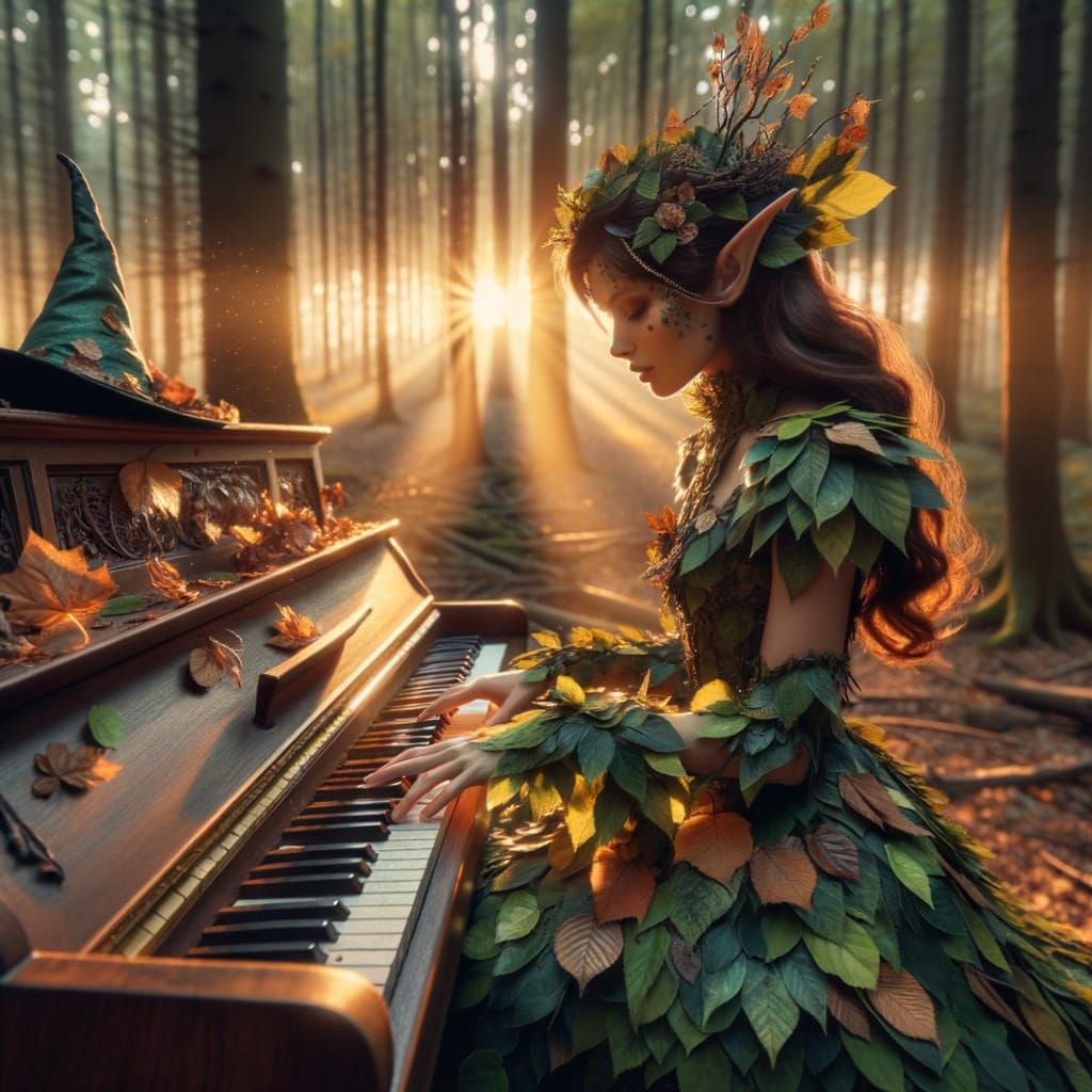 Elven Girl Plays Piano in Enchanted Forest Sunset