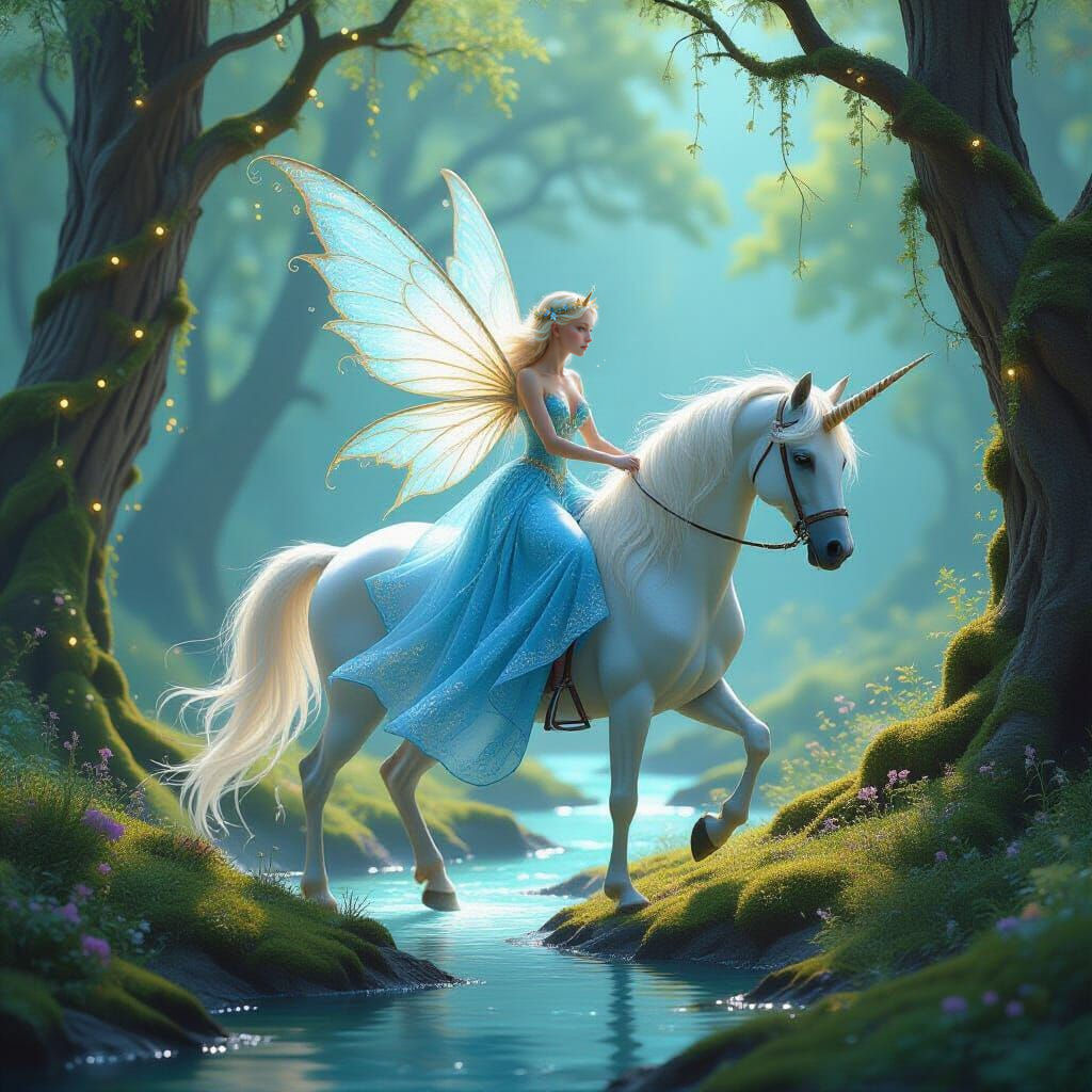 Golden Fairy Rides Unicorn in Bioluminescent Forest