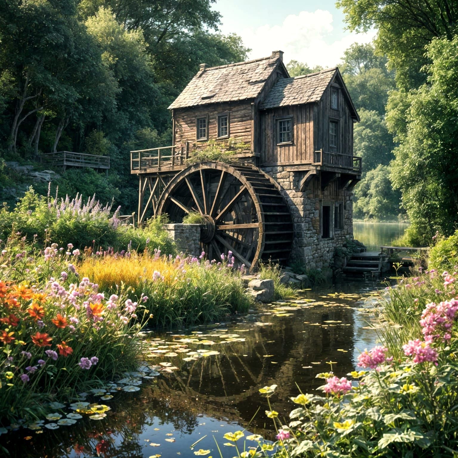 Whimsical Watermill Dreamscape in Vibrant Embroidery Style