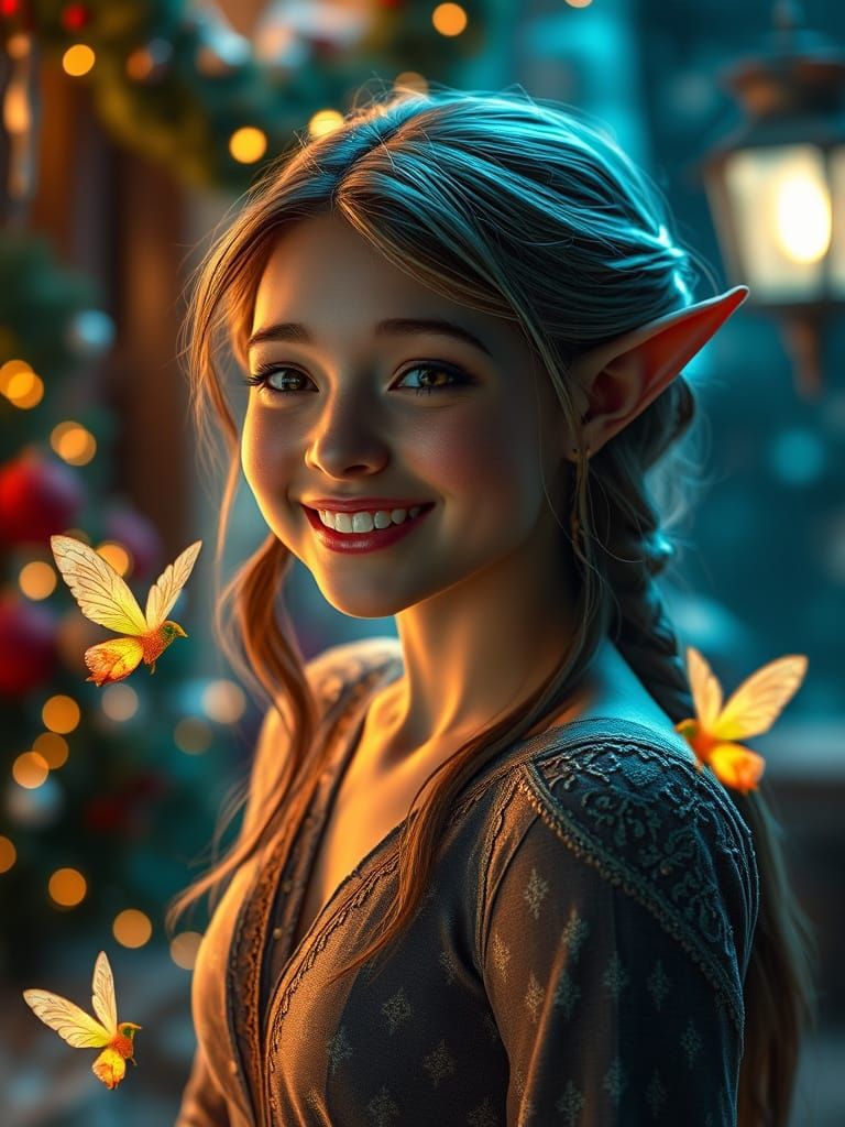 Joyful Elven Girl on New Year's Eve with Fairies