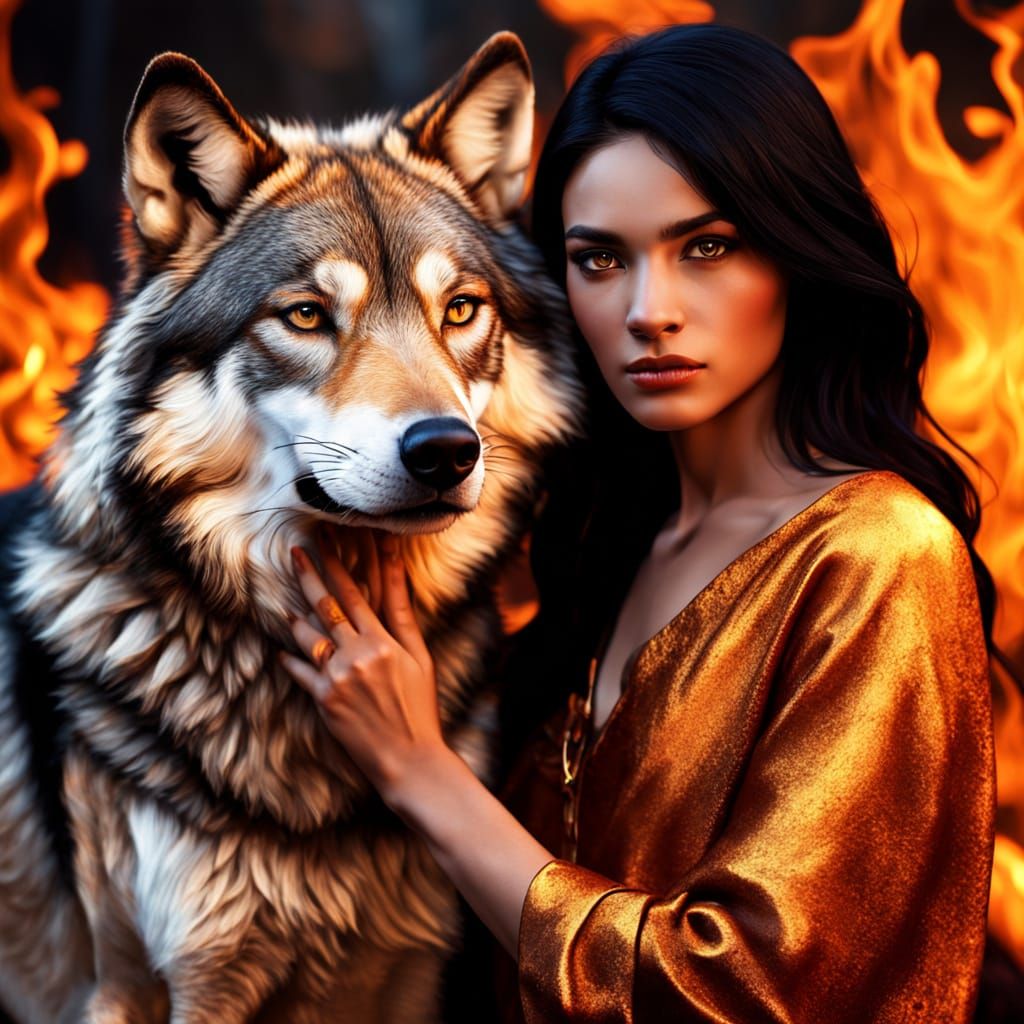 Vibrant Portrait of a Fit Woman with a Fiery Wolf Companion
