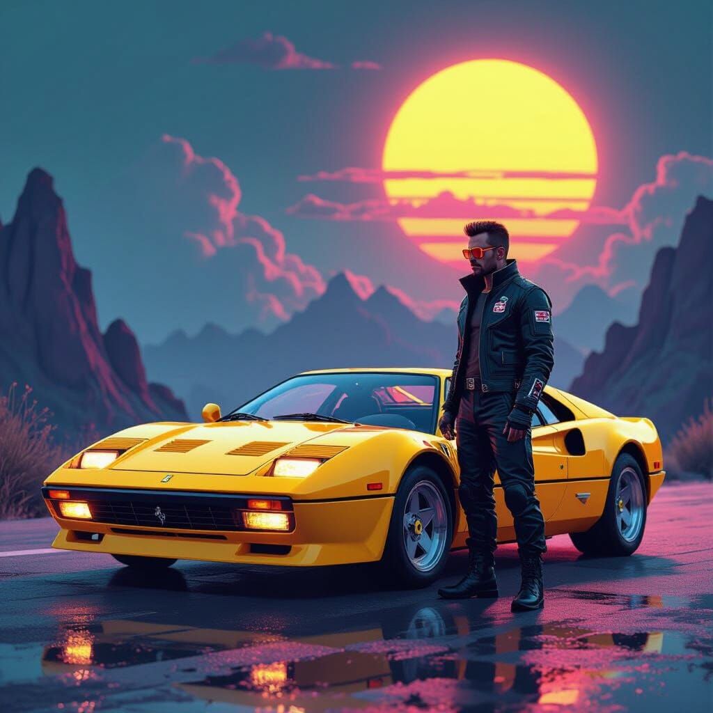 Cyberpunk Man with Yellow Ferrari 288 GTO in Synthwave Style