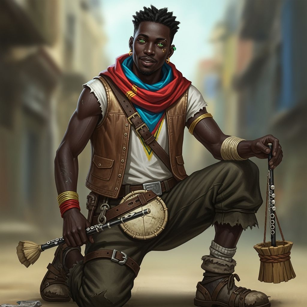 Dark-Skinned Bard in Medieval Alley, Matte Painting