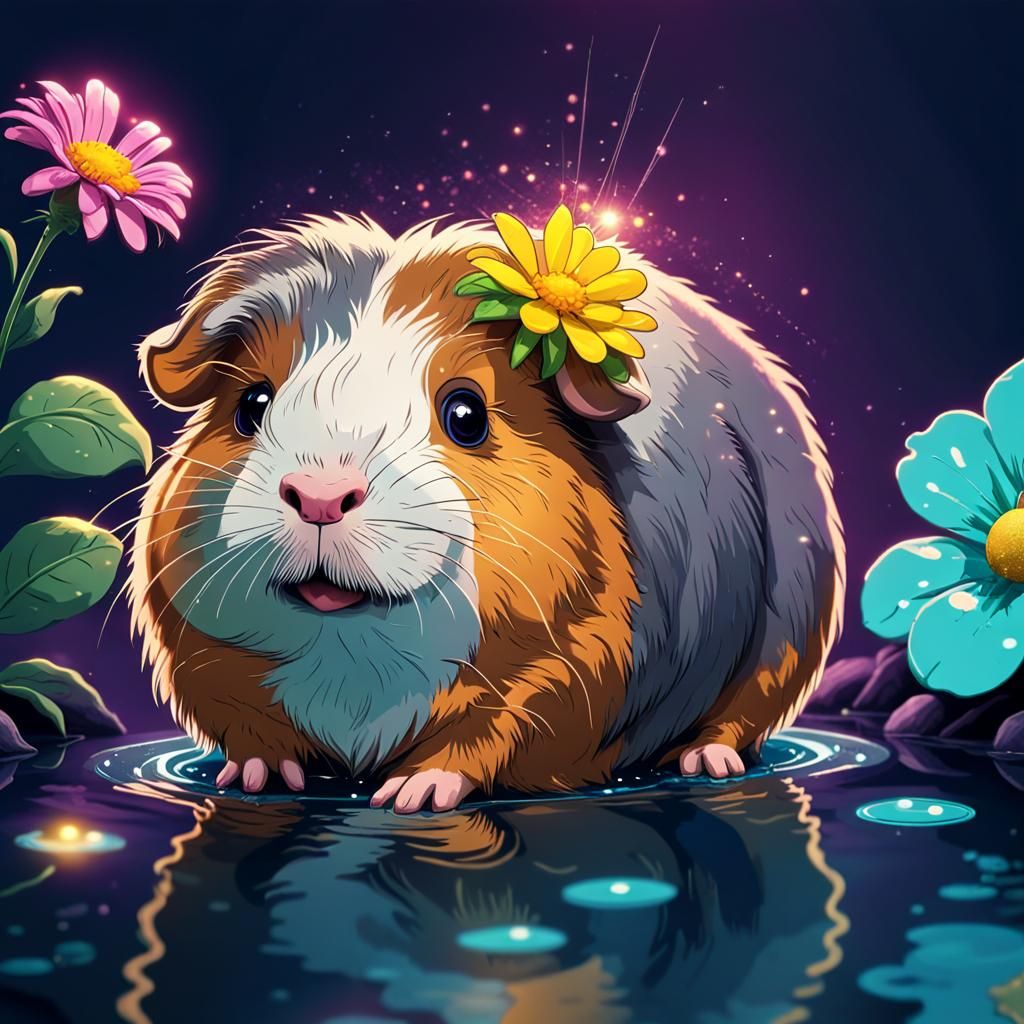 Cartoon Guinea Pig with Flower in Neon Pool