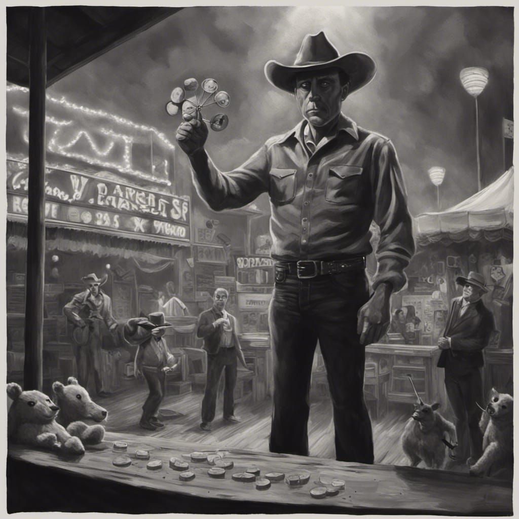 Cowboy throwing darts at a carnival to win a stuffed animal Tim Burton Twin Peaks film noir detailed painting #film 3D s...