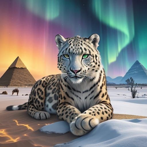 Ethereal Snow-Sand Leopard Hybrid at Cosmic Sunset