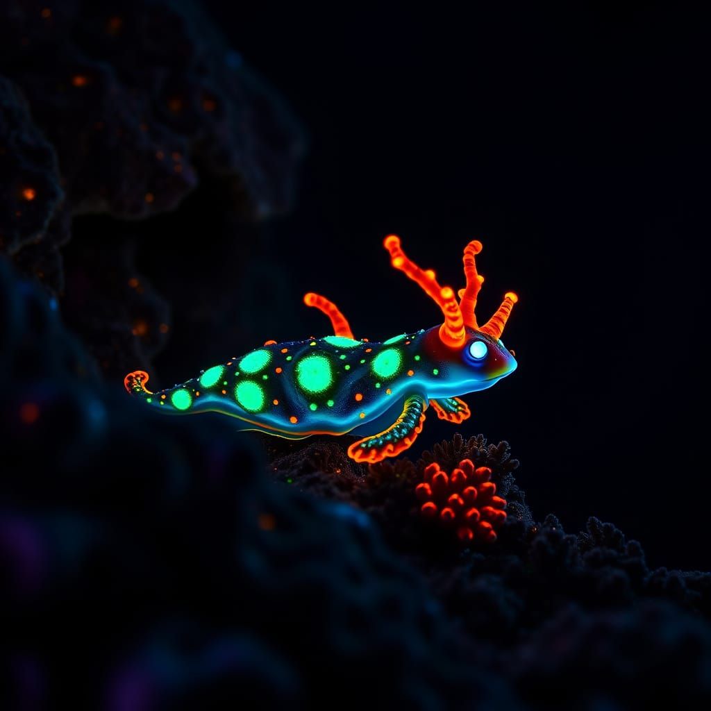 Luminescent Sea Slugs in a Black Coral Reef