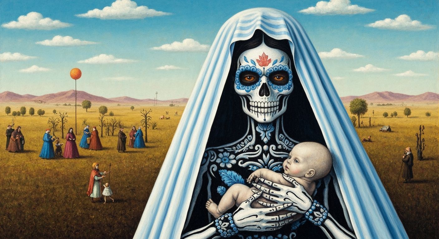 Catrina Holding Baby in Surreal Mexican Landscape