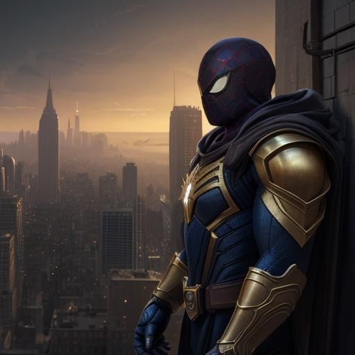 Golden Armored Spider-Man in Mystical Cityscape
