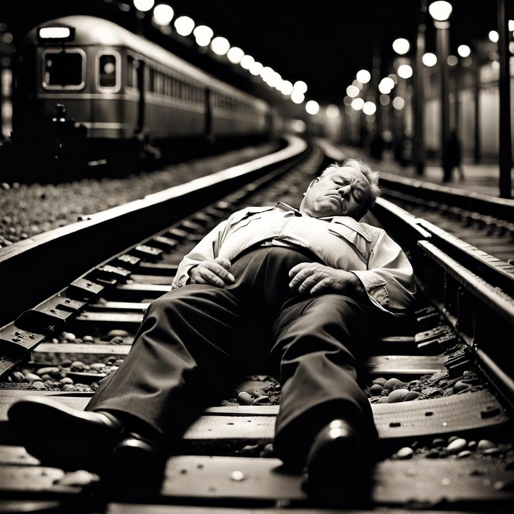 Vintage Photo of Drunk Man Sleeping on Tracks