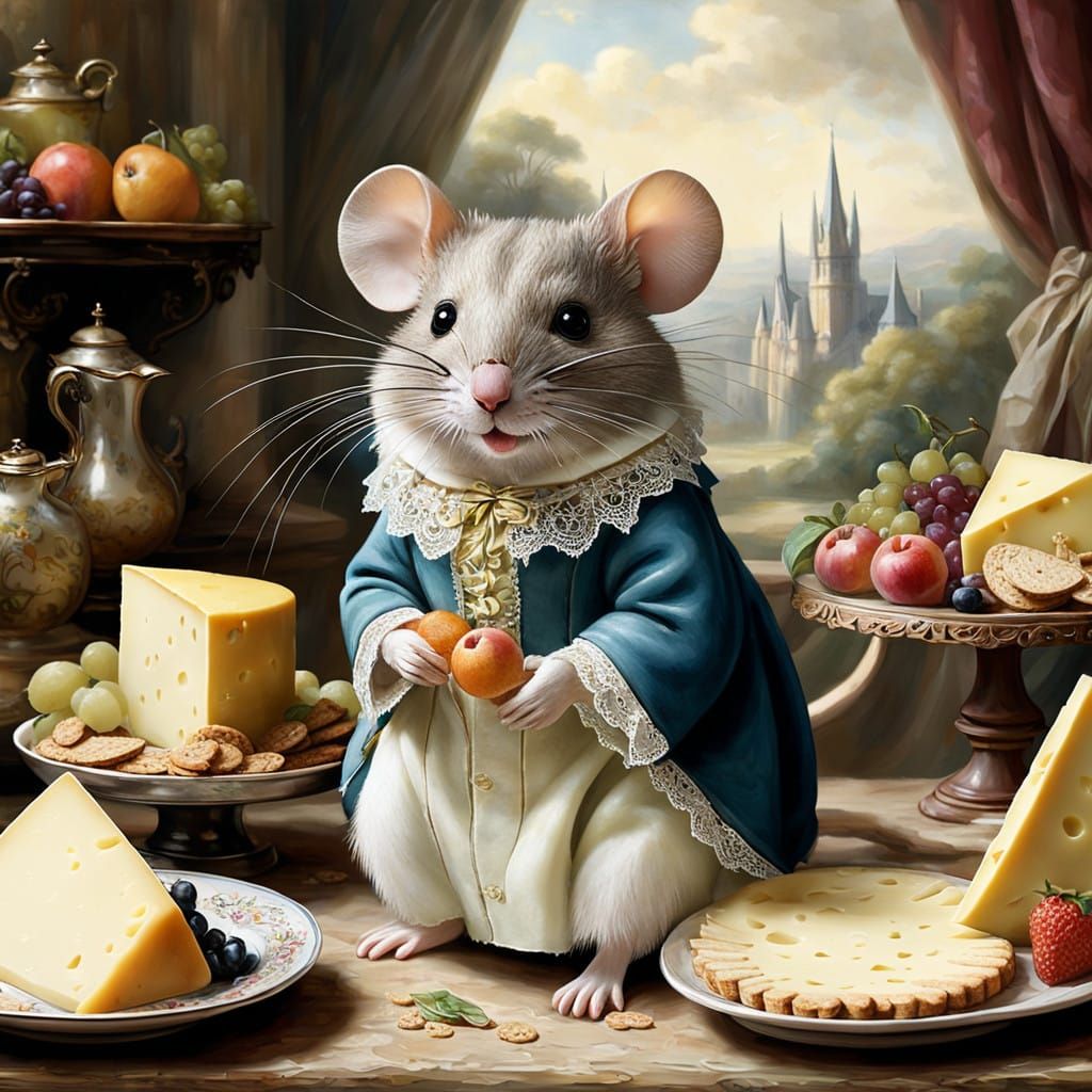 Whimsical Masquerade Mouse Amidst a Lavish Cheese Feast