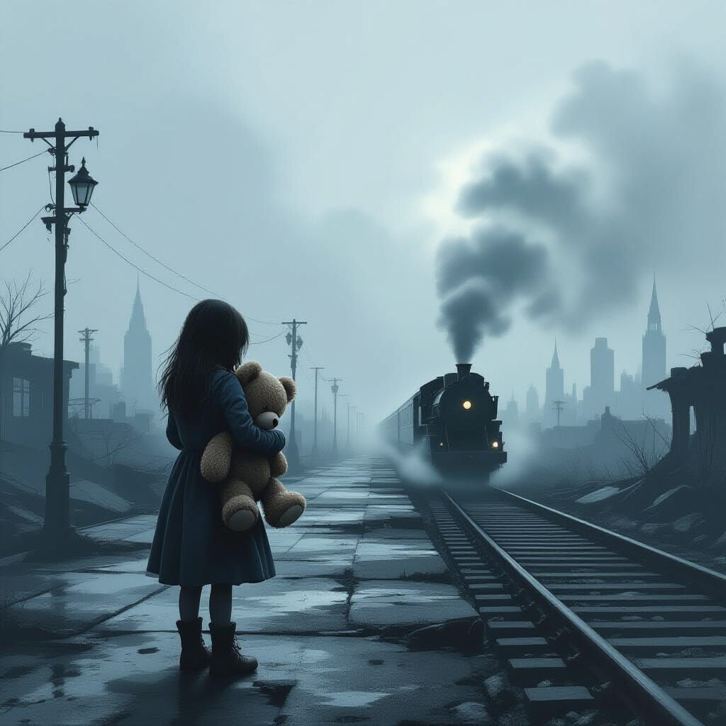 Melancholic Girl on Ruined Platform with Distant Train