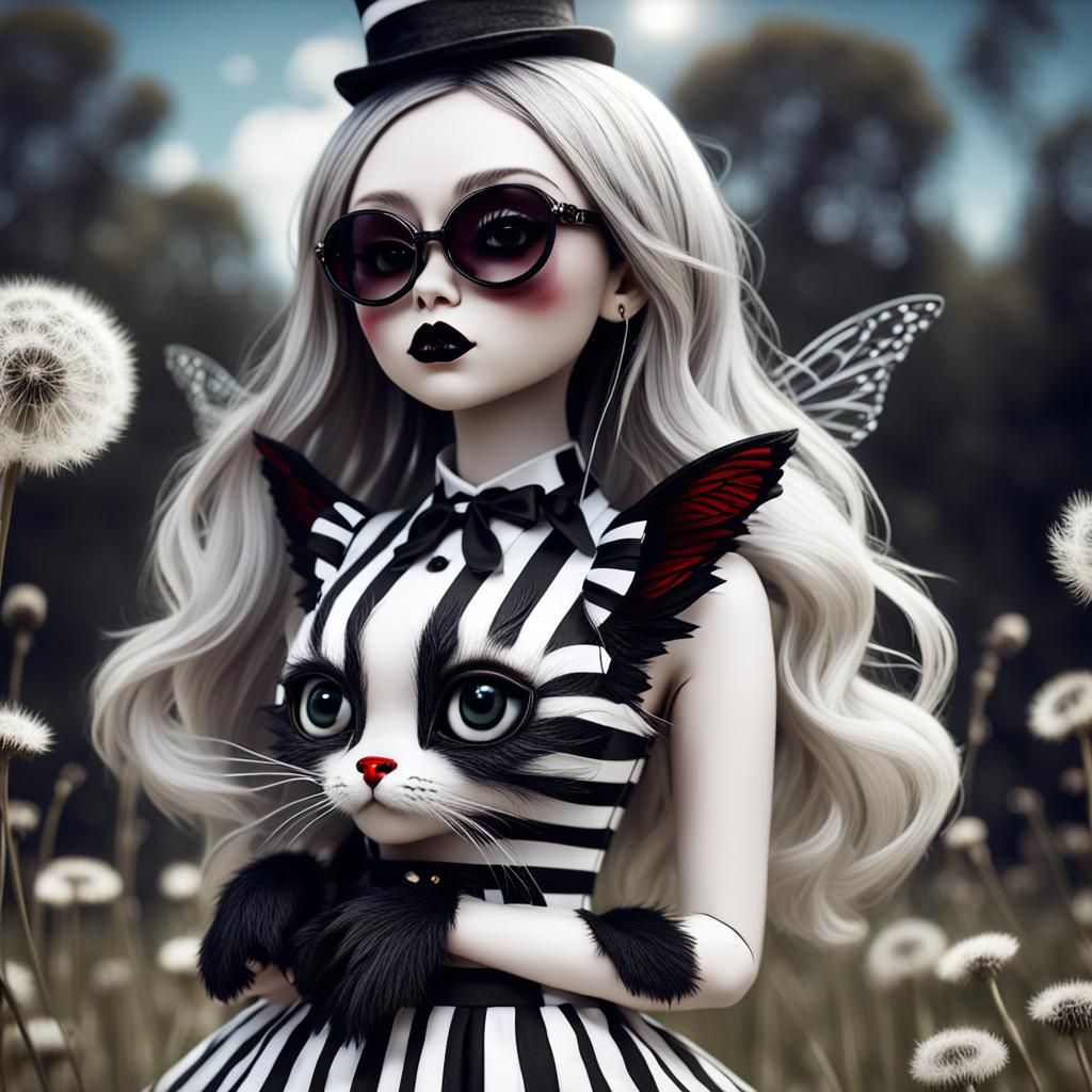 Gothic Chibi Cat-Girl in Surreal Dandelion Field