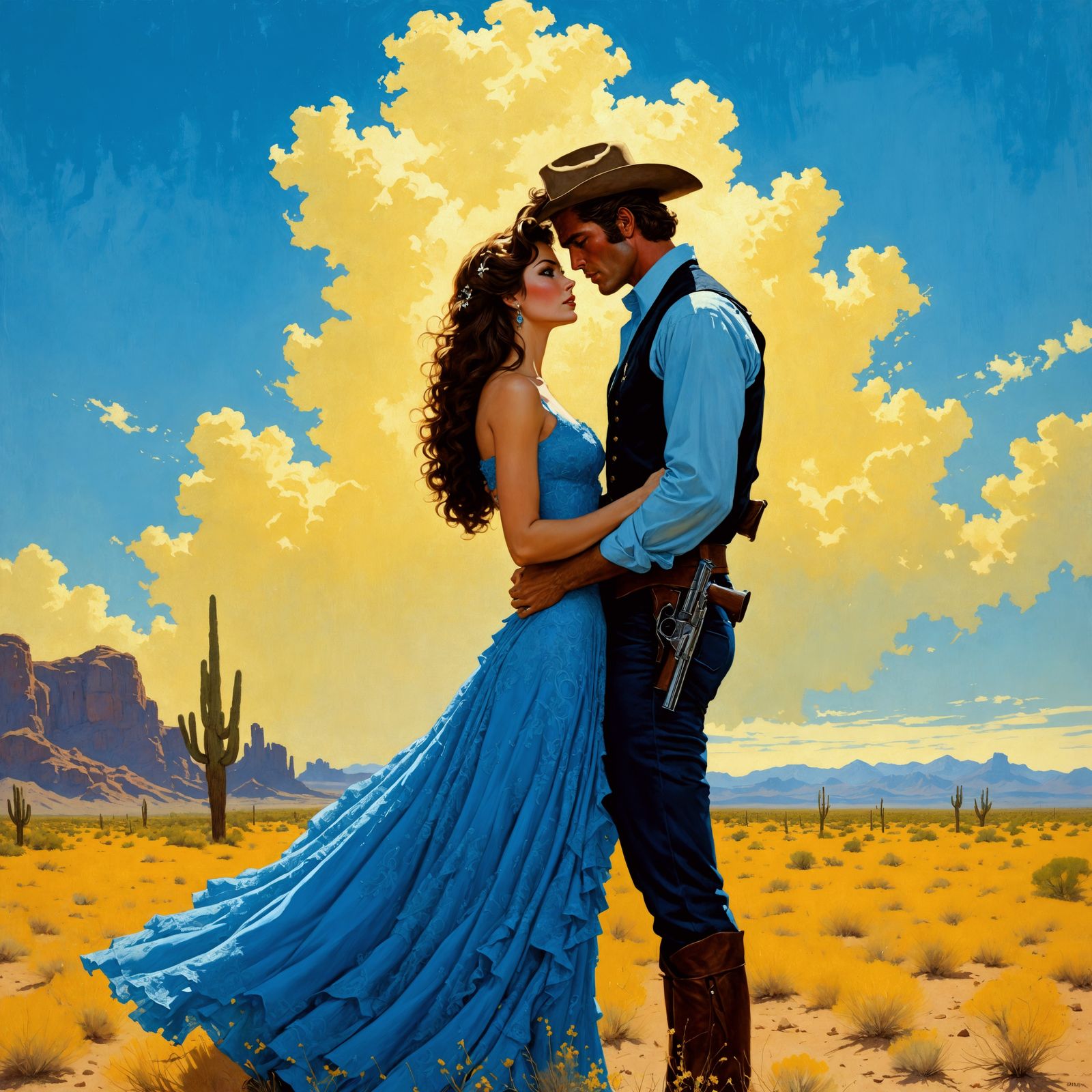 Romantic Desert Encounter in Vibrant Acrylic Style